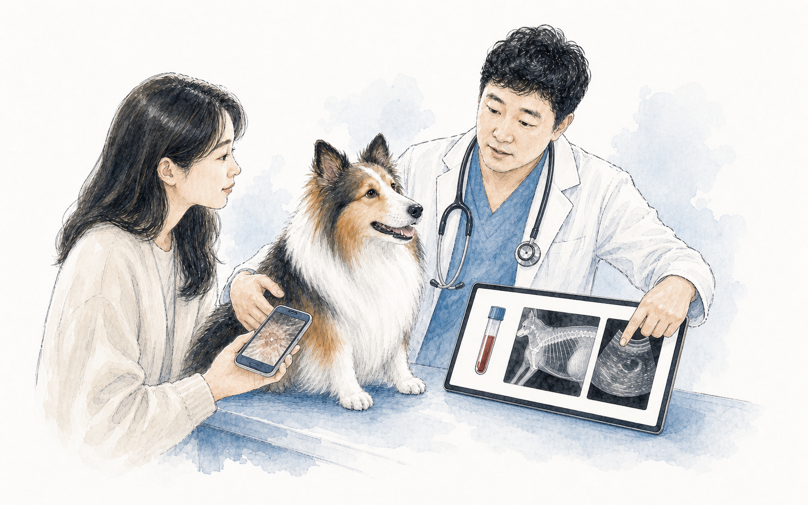 보호자와 셀티가 수의사에게 검사 결과 설명을 듣는 수채화 일러스트
